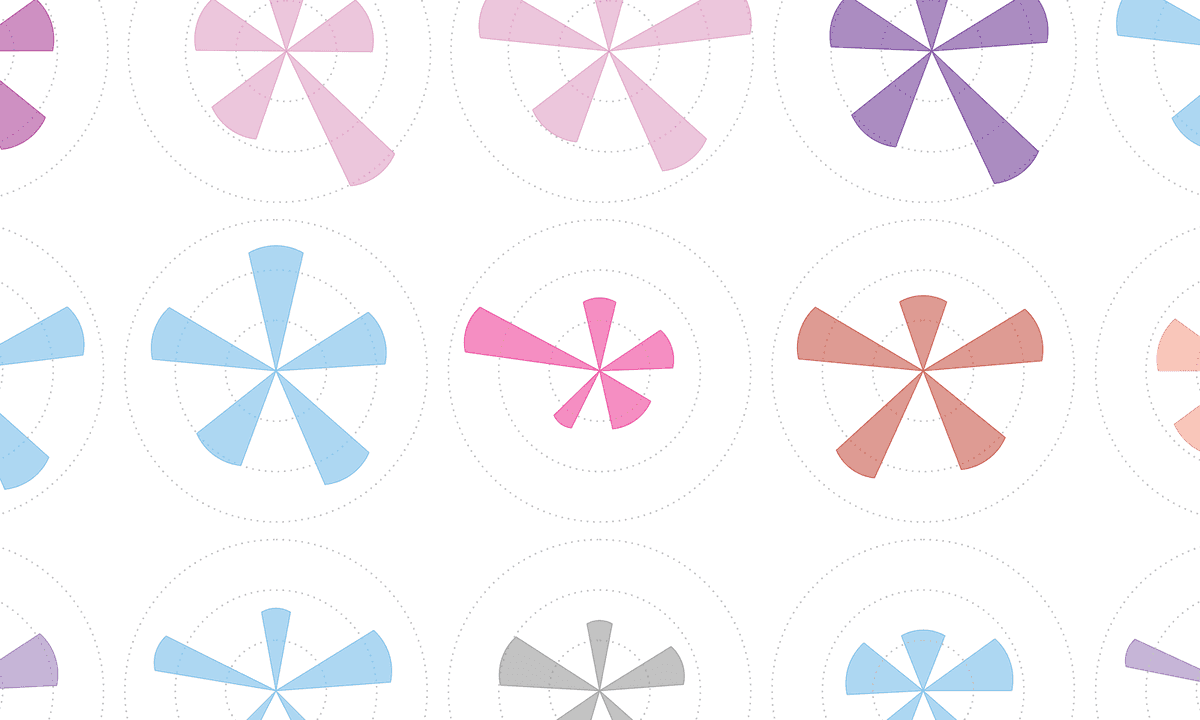 A visualization that looks like a flower, with each petal representing a different variable of a dataset. The width and length of each petal encode different variables in the data.