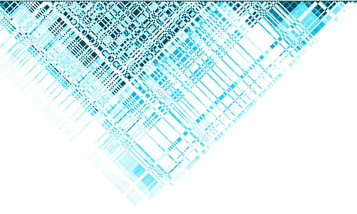 A heatmap colored with varying shades of blue, tilted to the side 45 degrees so that it takes a diagonal shape.