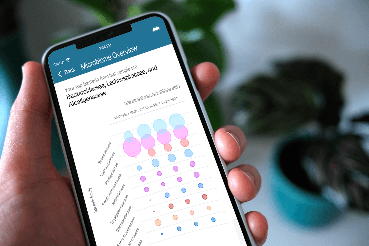 A photograph shows a hand holding an iPhone. The top of the illuminated screen reads 'IBD Tracker' and then shows text that reads 'Please submit a sample'. Below this, a menu appears with two options: 'My Reports' and 'My Food Log'.